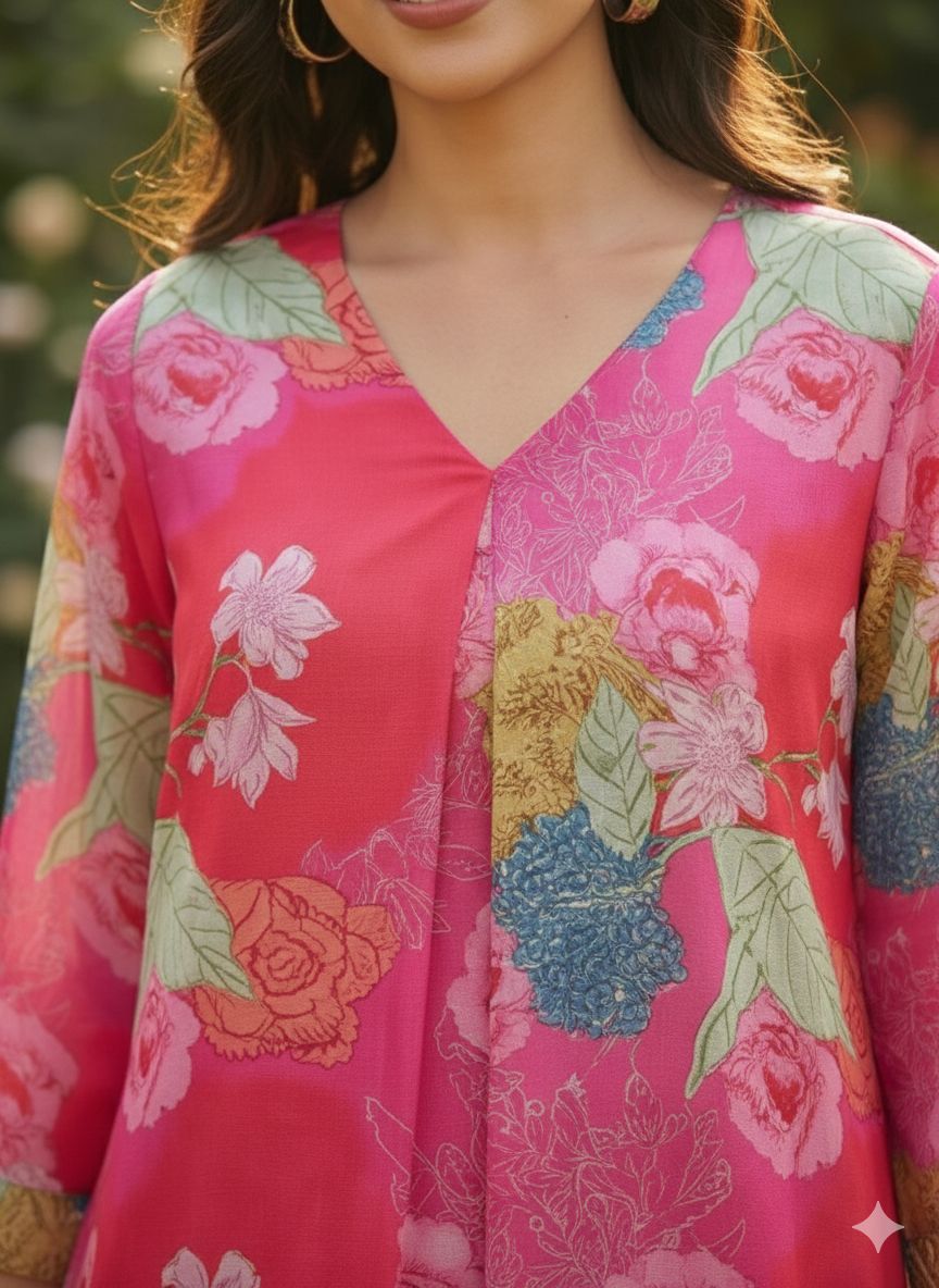 Women Pink Muslin Kurta,Digital Print