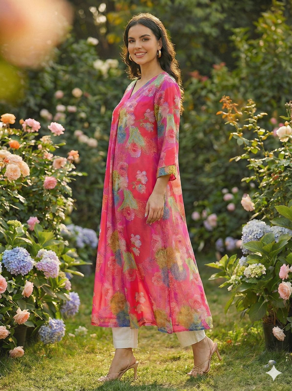Women Pink Muslin Kurta,Digital Print