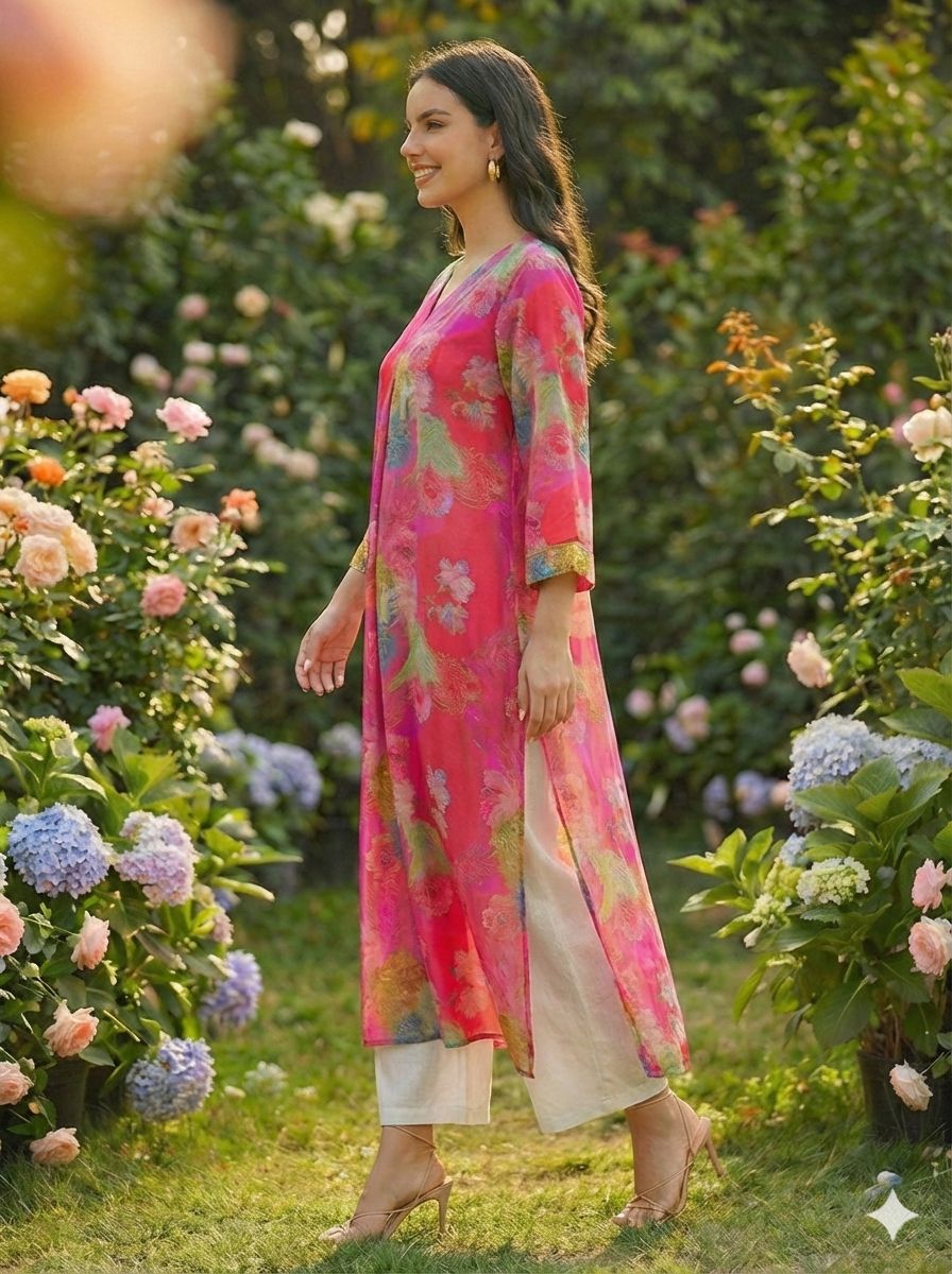 Women Pink Muslin Kurta,Digital Print
