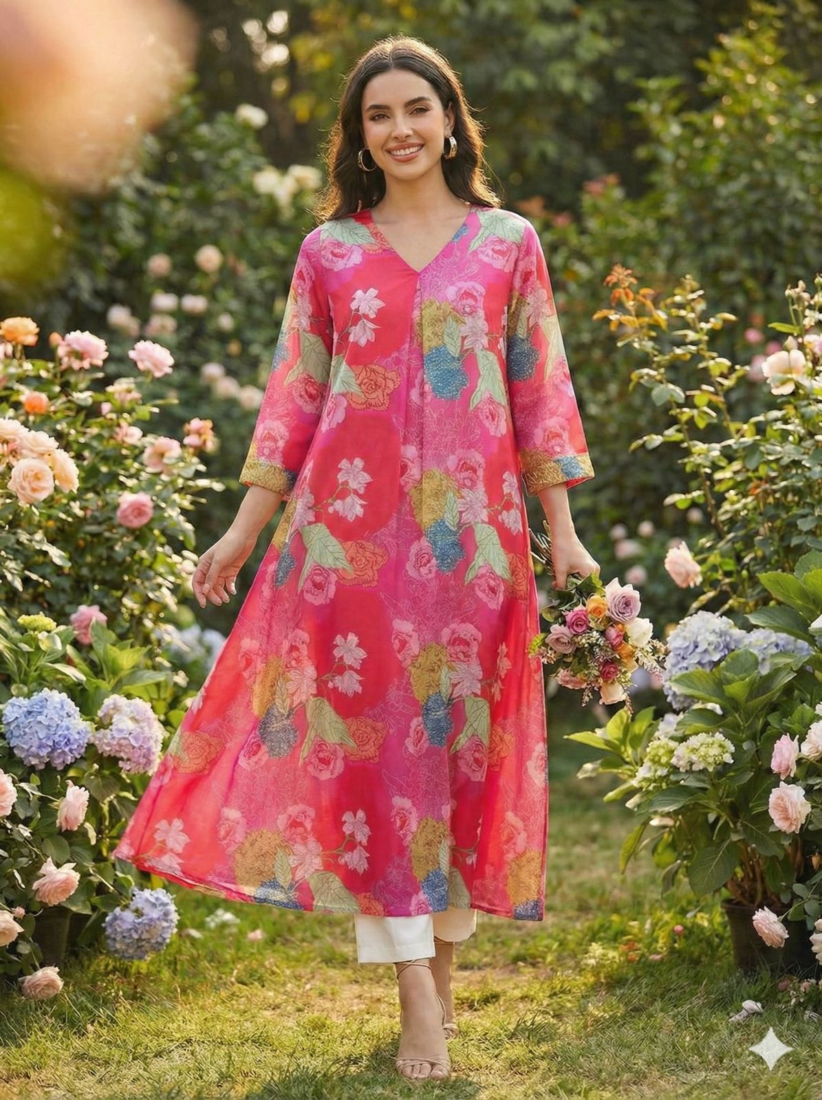 Women Pink Muslin Kurta,Digital Print