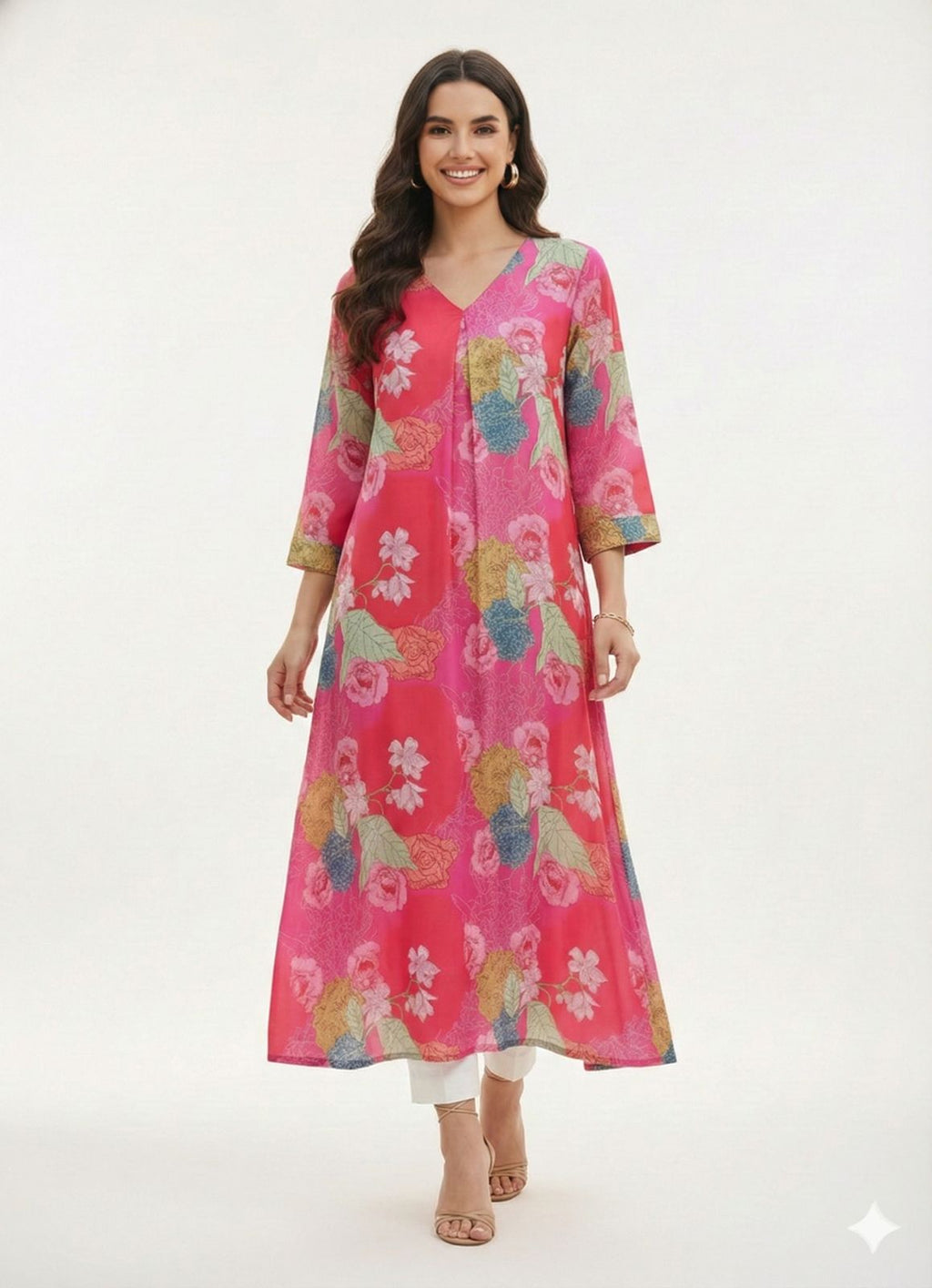 Women Pink Muslin Kurta,Digital Print
