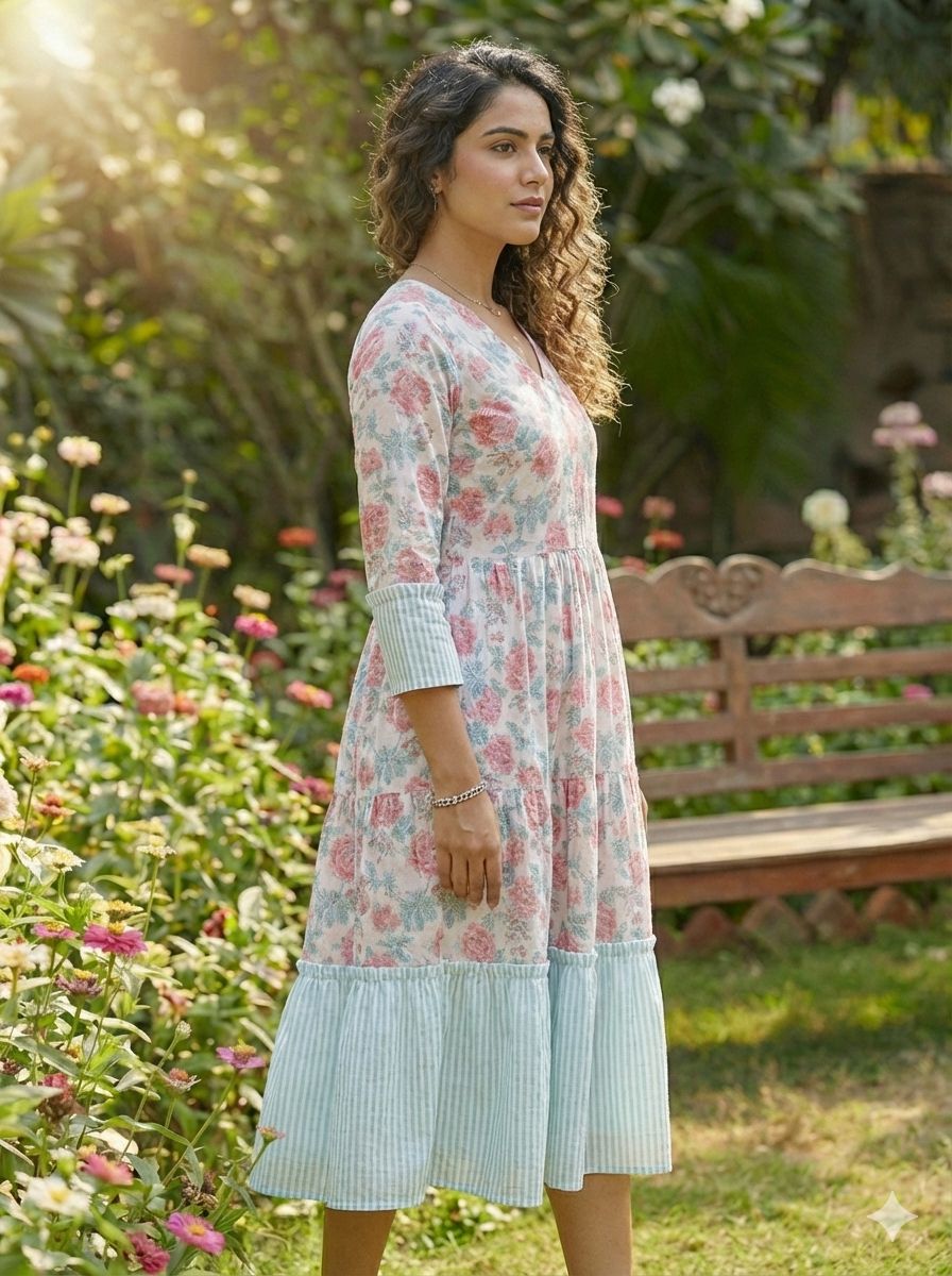 Women Pink cotton dress,Sangeri Handblock Print