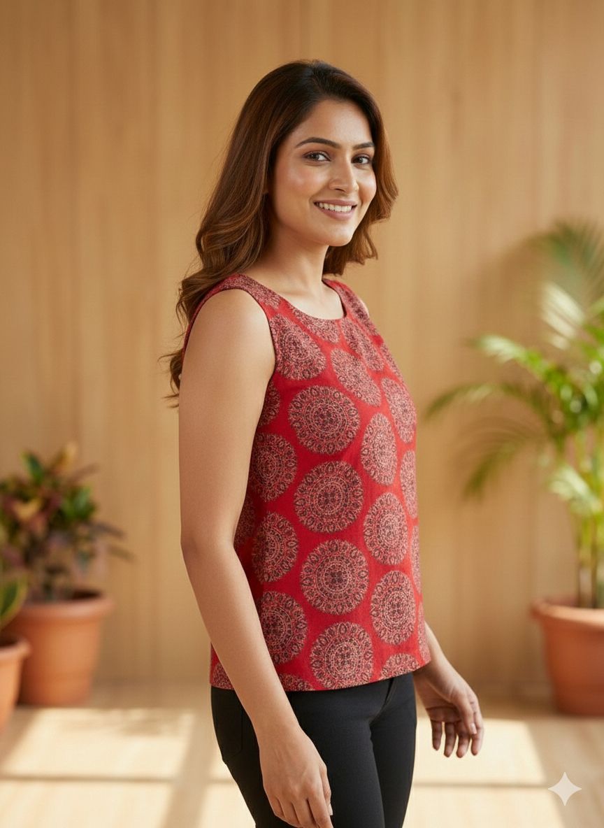 Women Red Cotton sleeveless top