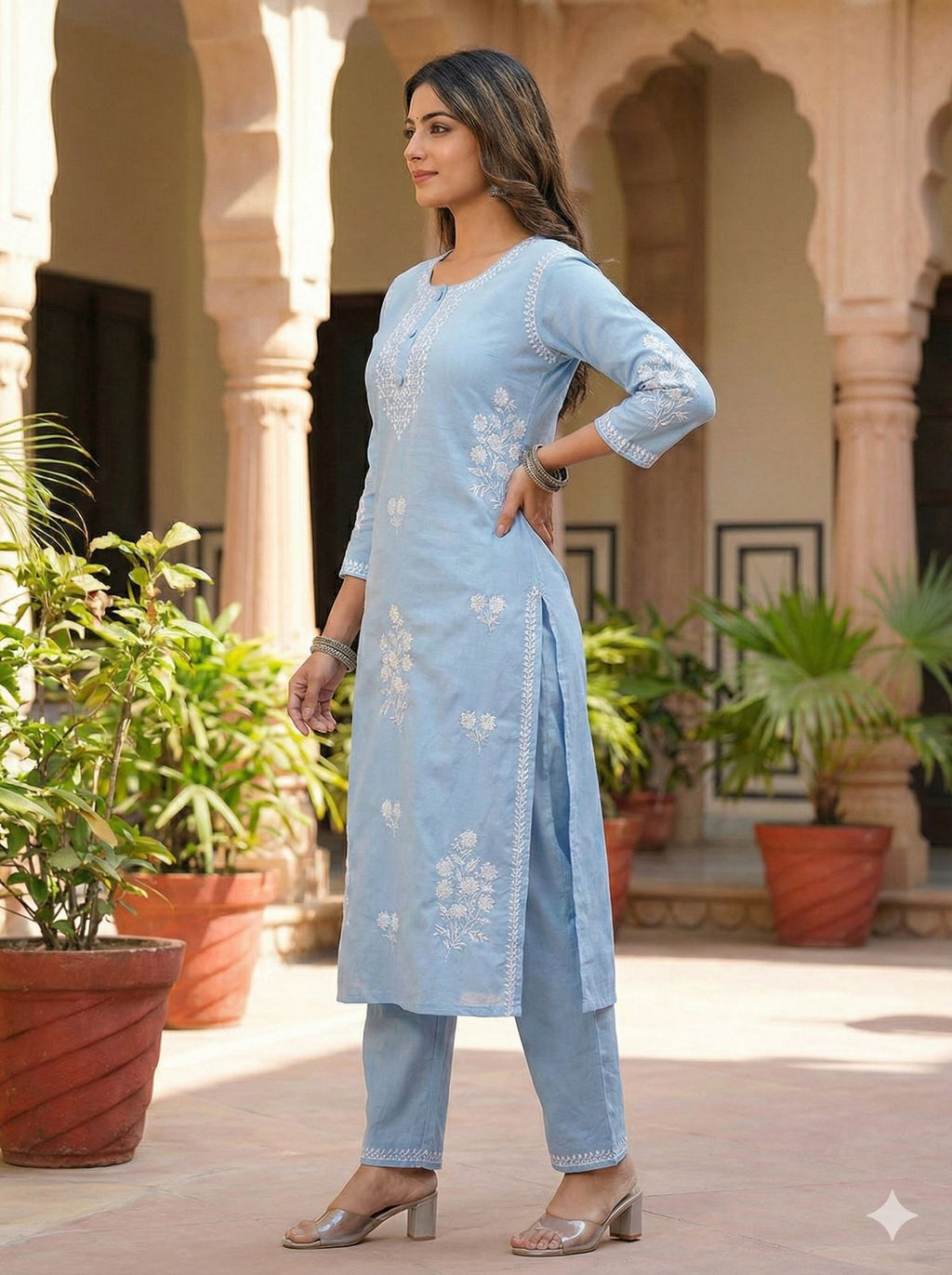 Women Sky Blue Cotton Kurta Set