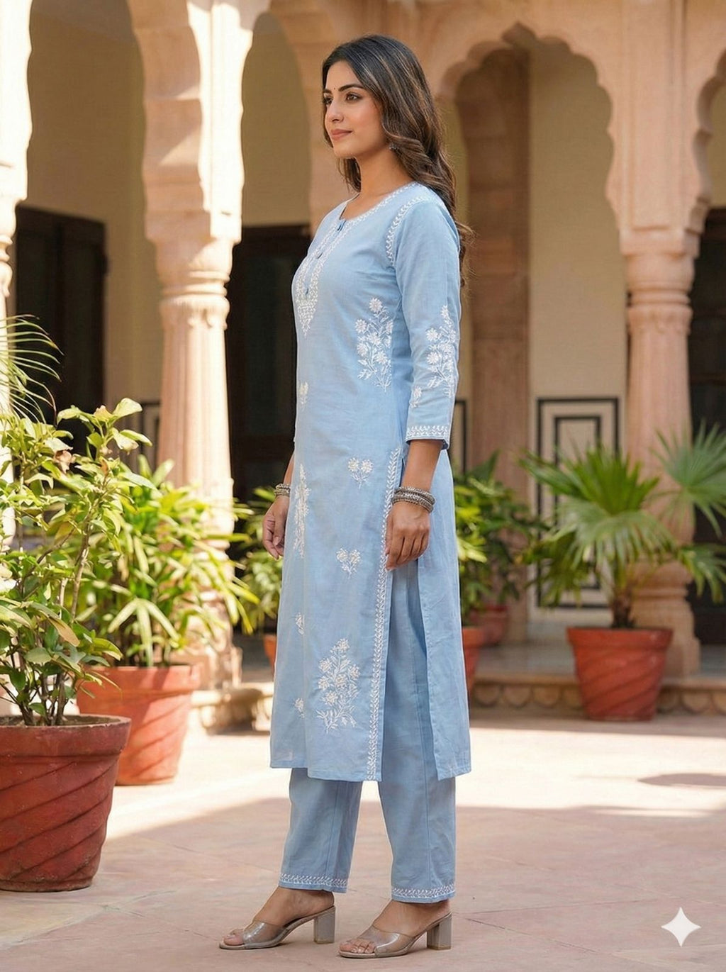 Women Sky Blue Cotton Kurta Set