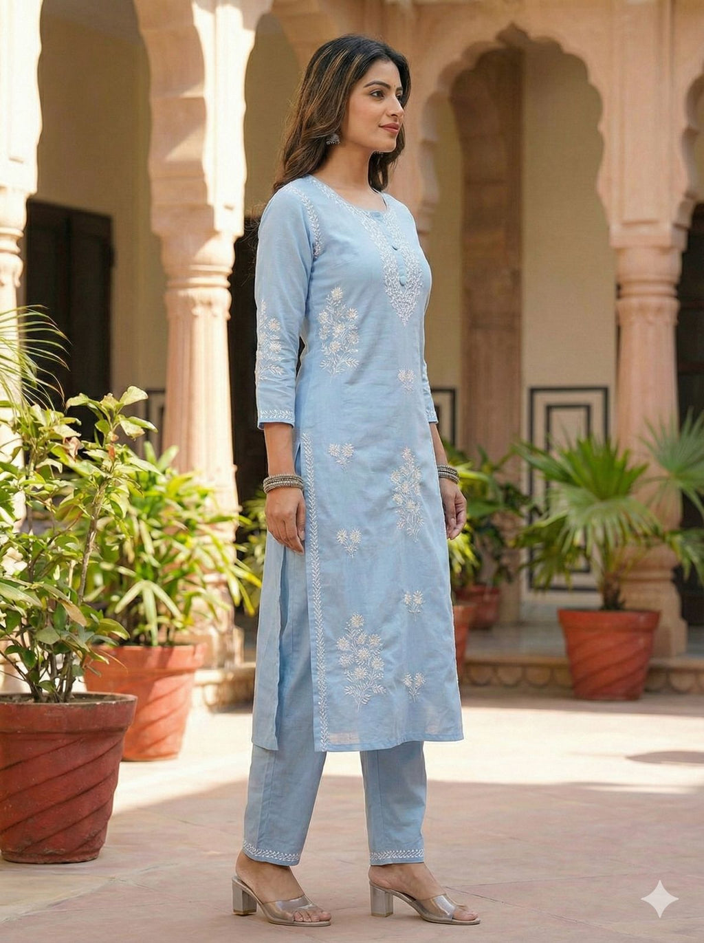 Women Sky Blue Cotton Kurta Set