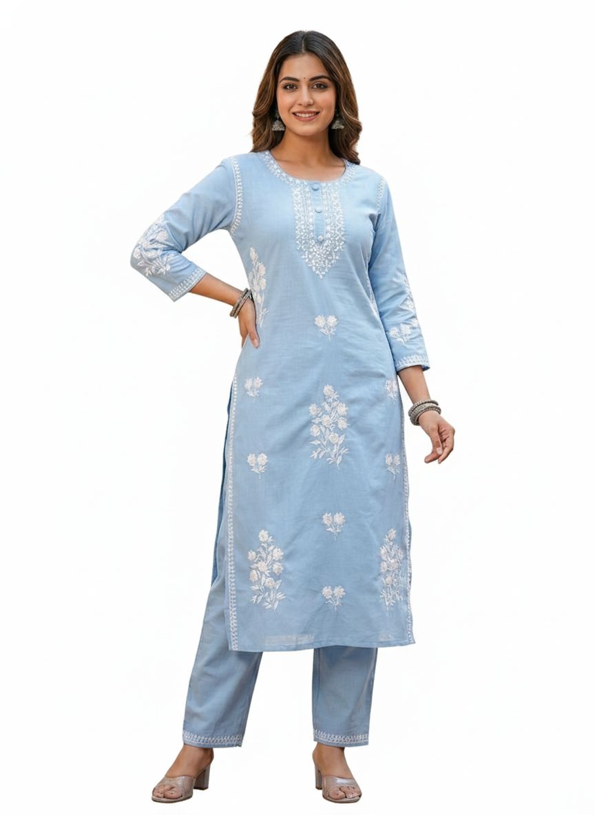 Women Sky Blue Cotton Kurta Set