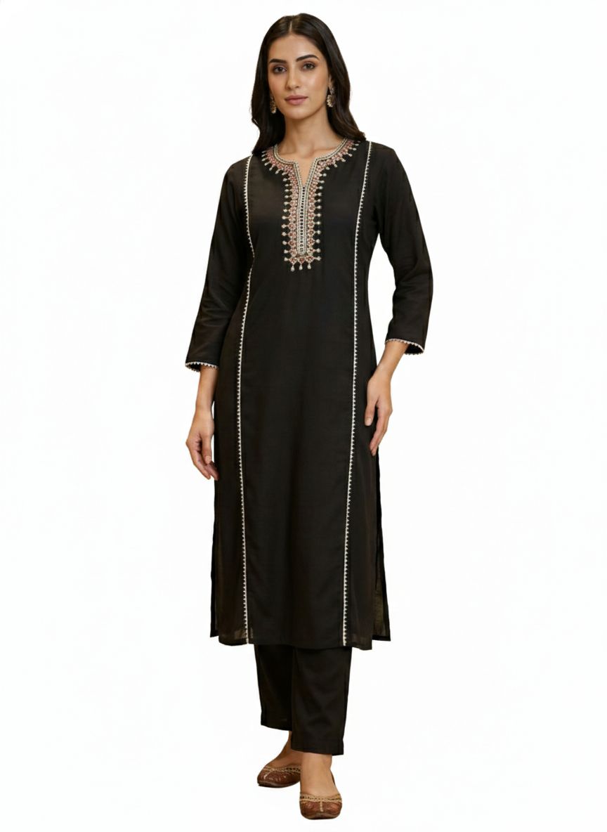 Women Black Musiln Kurta Set