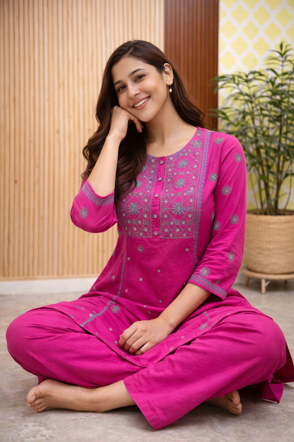 Women Pink DobbyFabirc Kurta Set