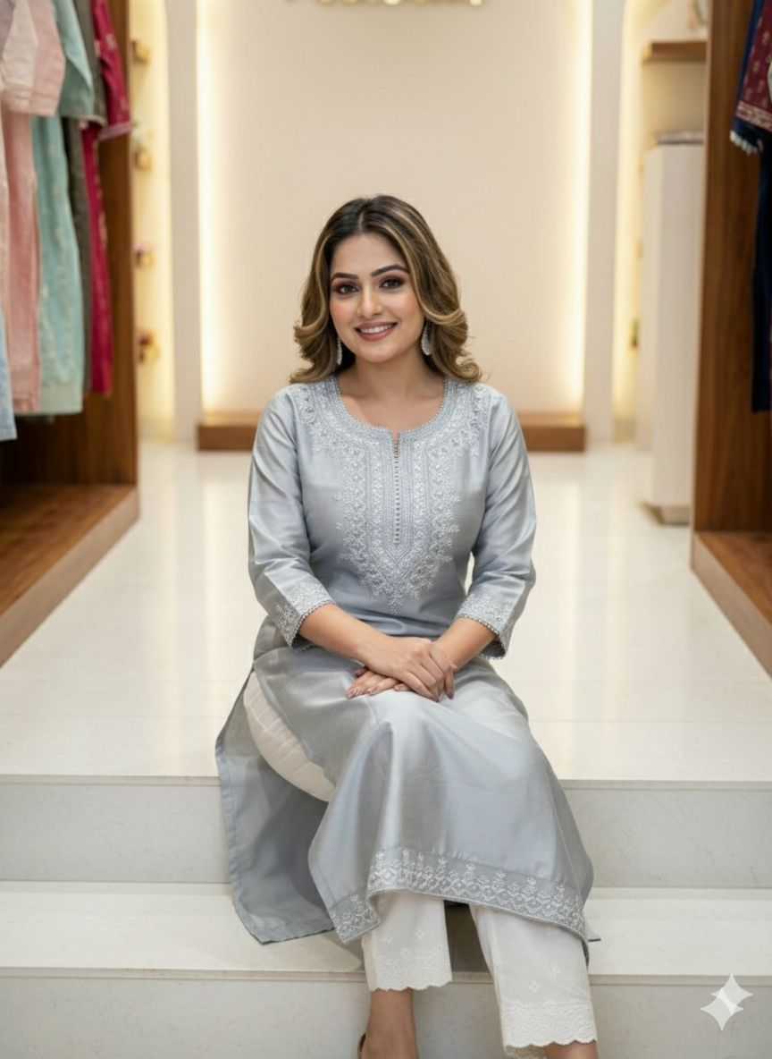 Women Grey Chandri Kurta
