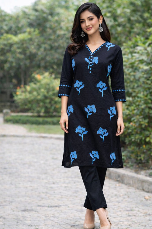 Women Black Dobby Fabric Kurta