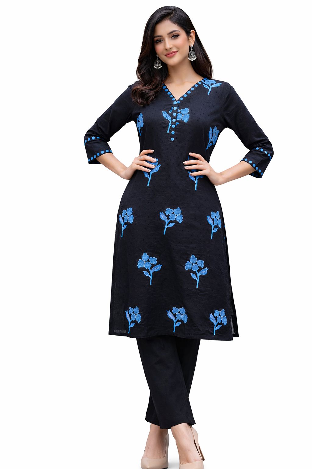 Women Black Dobby Fabric Kurta