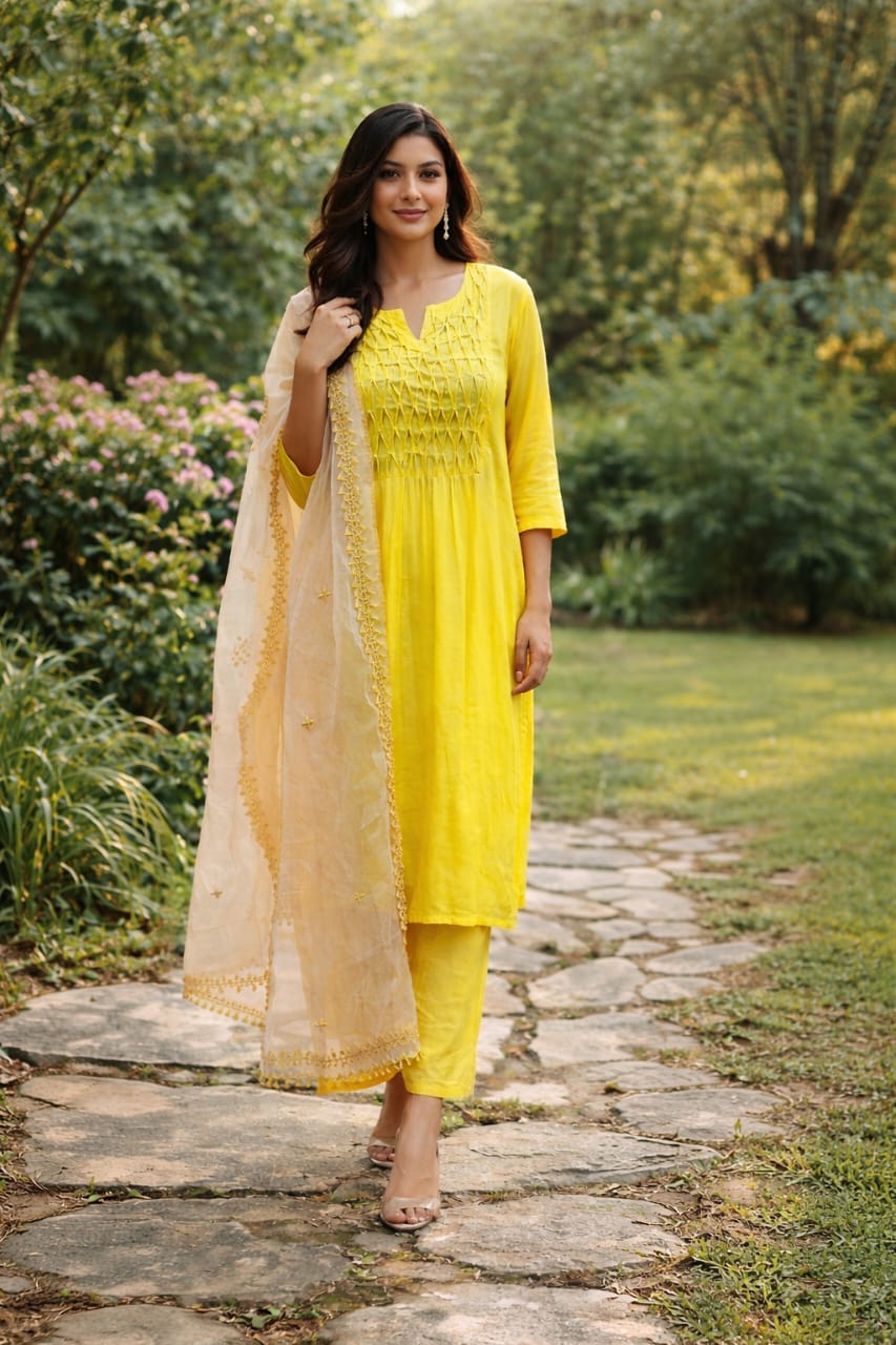 Women Yellow Chanderi Kurta Set