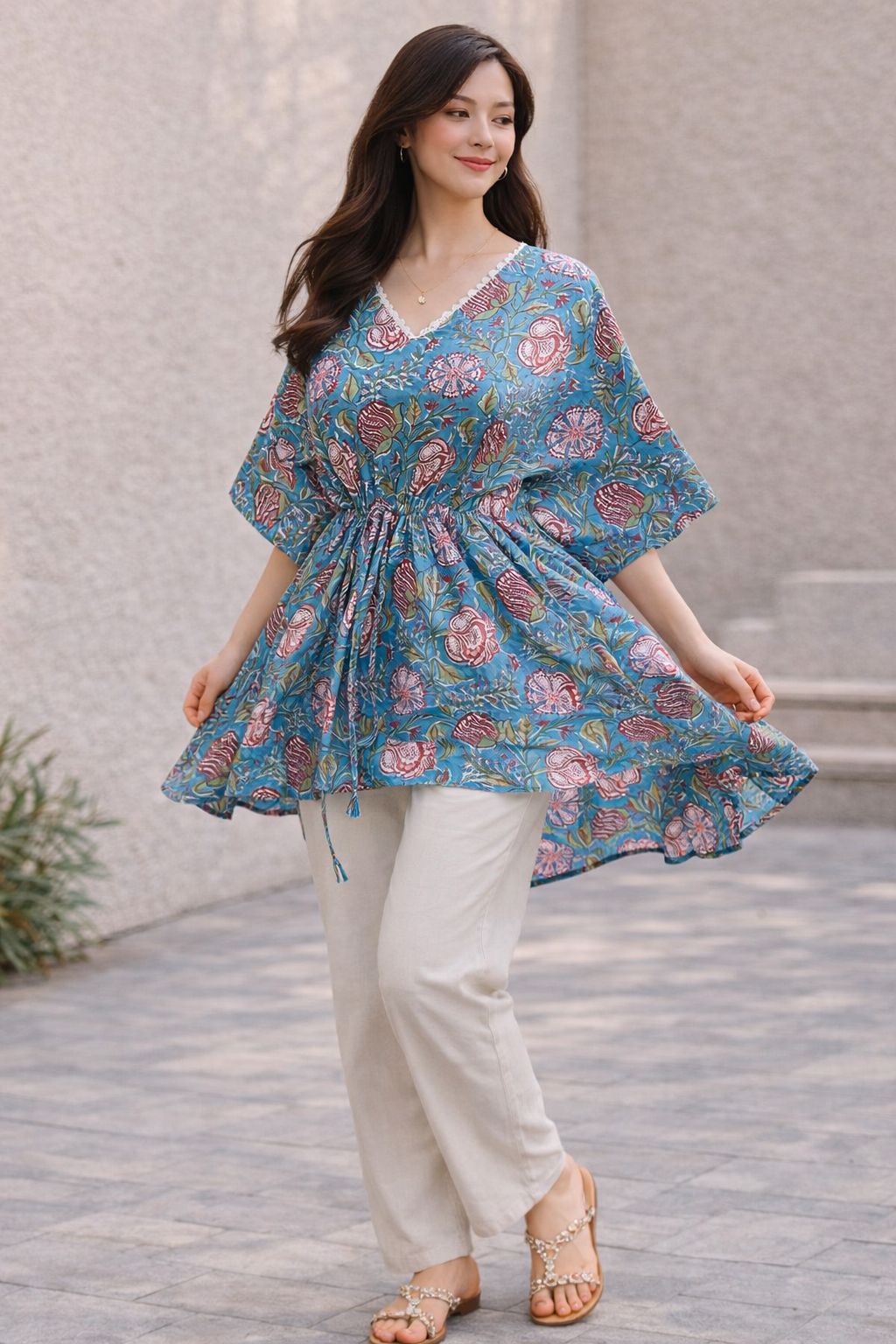 Womes Kaftan Sage blue floral