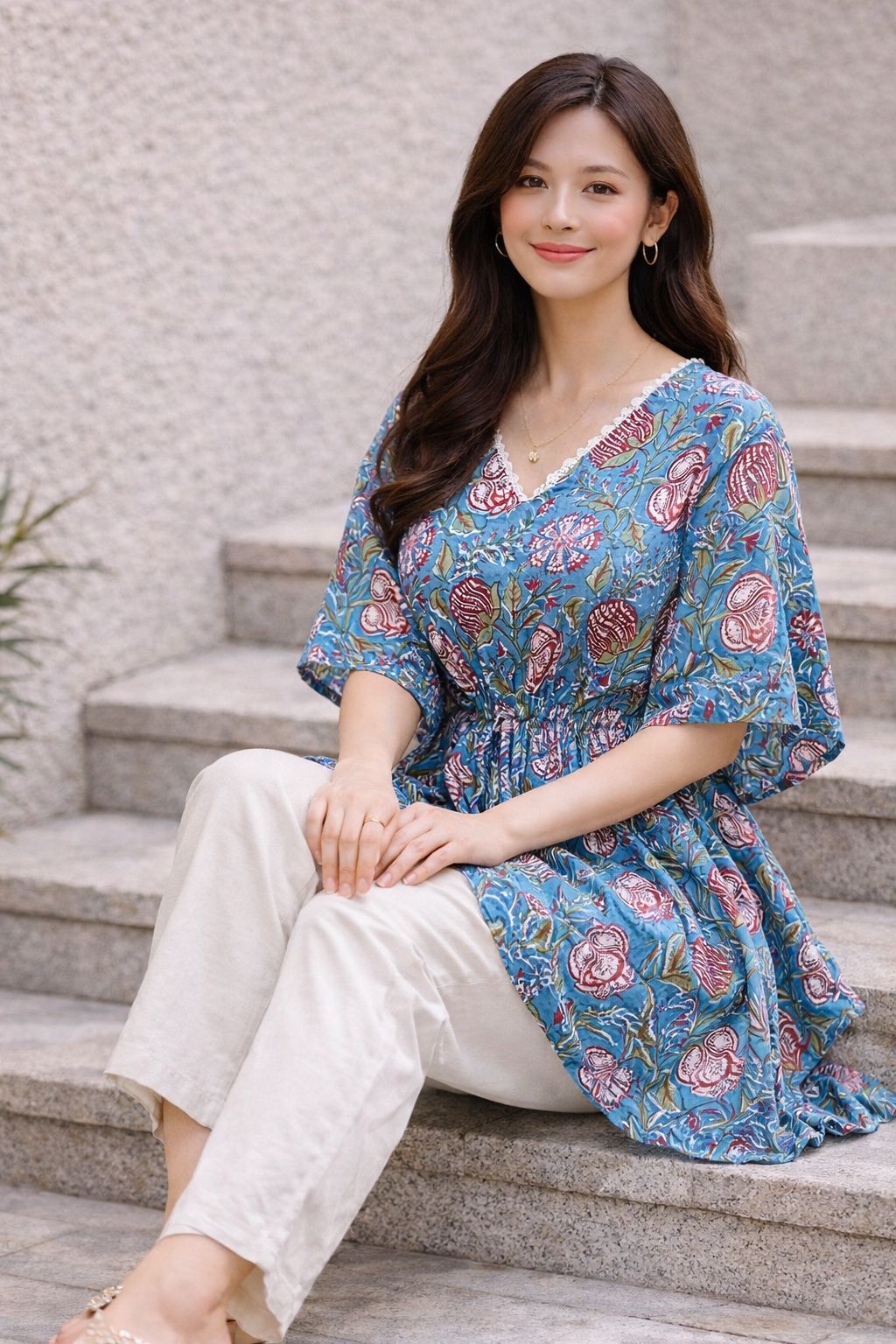 Womes Kaftan Sage blue floral
