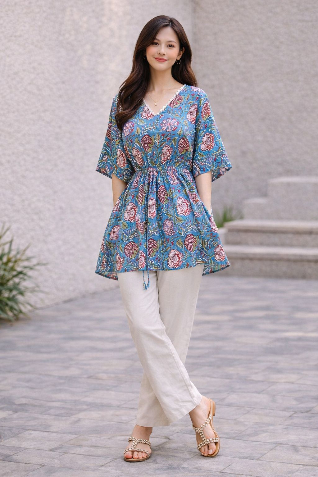 Womes Kaftan Sage blue floral