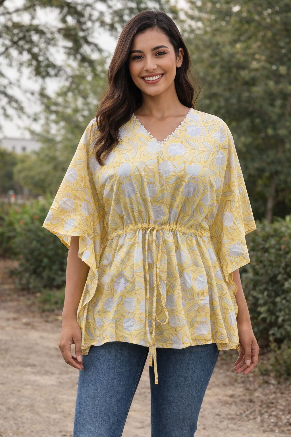 Womens Kaftan yellow floral print
