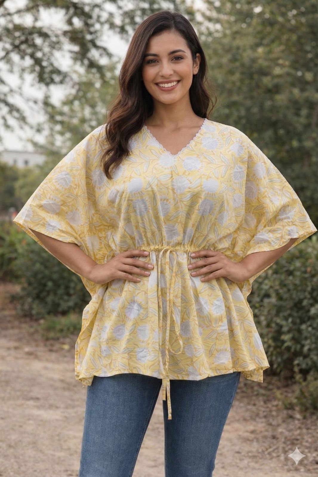Womens Kaftan yellow floral print