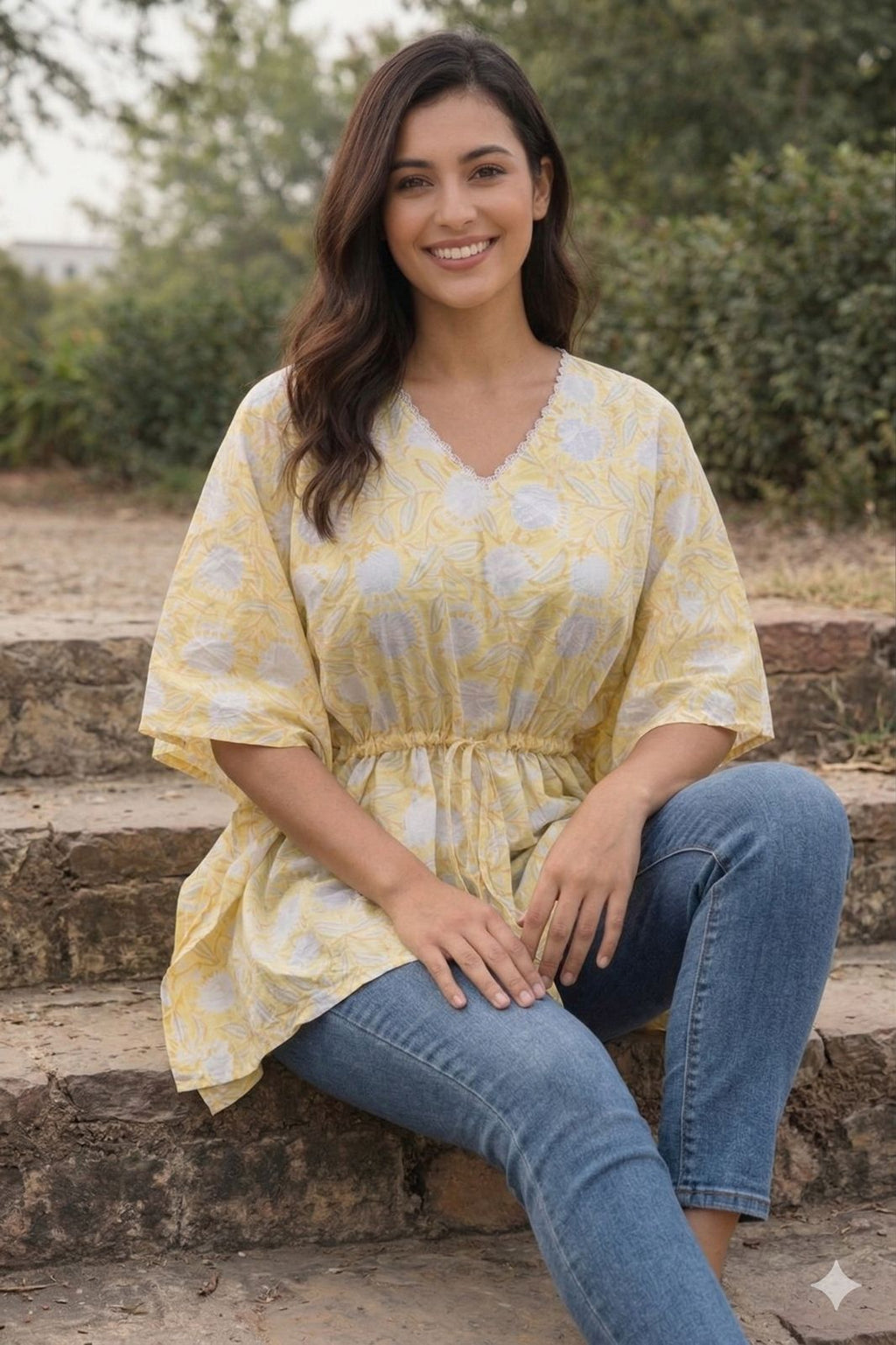 Womens Kaftan yellow floral print