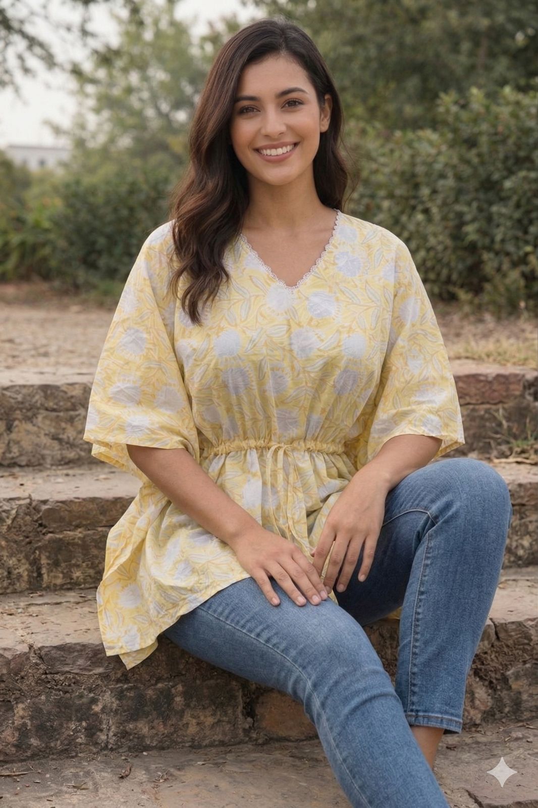 Womens Kaftan yellow floral print