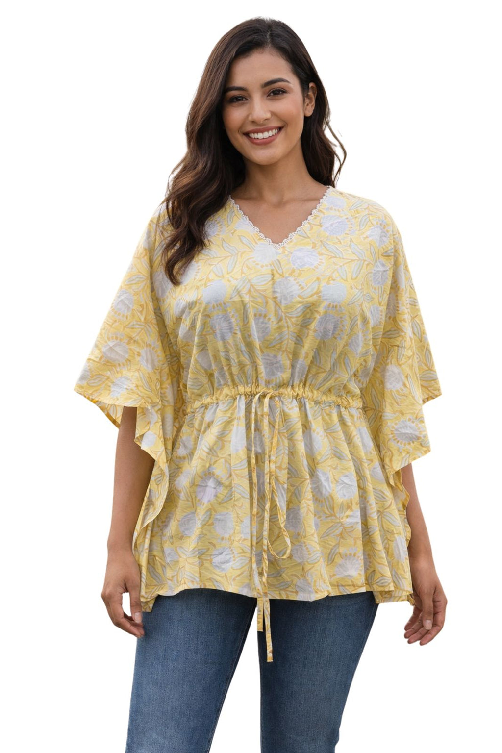 Womens Kaftan yellow floral print