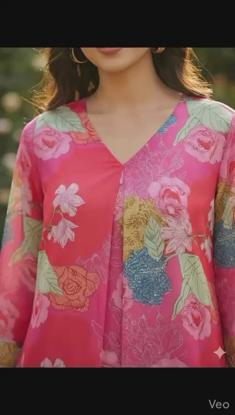 Women Pink Muslin Kurta,Digital Print