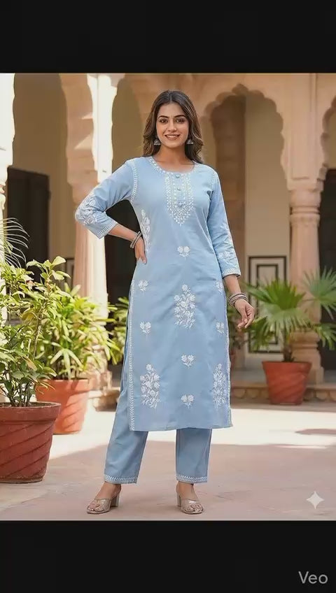 Women Sky Blue Cotton Kurta Set