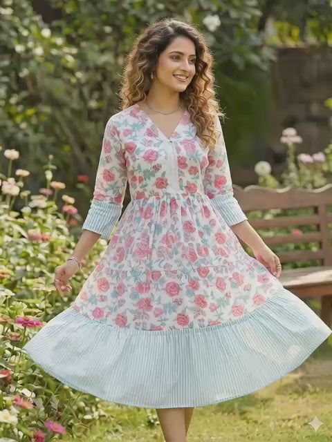 Women Pink cotton dress,Sangeri Handblock Print
